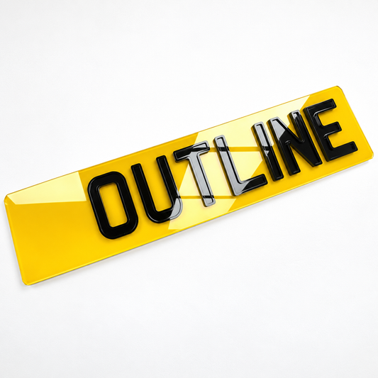 Angled view of a yellow 4D Outline rear number plate showing glossy black raised acrylic letters
