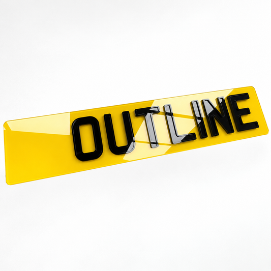 Yellow 4D Outline rear number plate with glossy black raised acrylic lettering on a white background