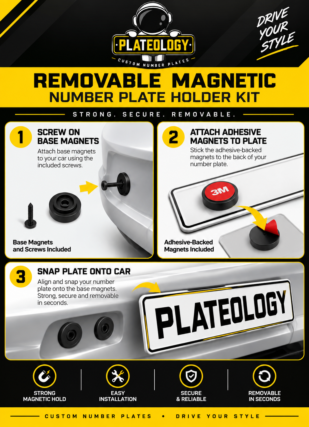 Plateology branded removable magnetic number plate holder installation guide with strong magnetic hold, easy fitting and quick plate removal.